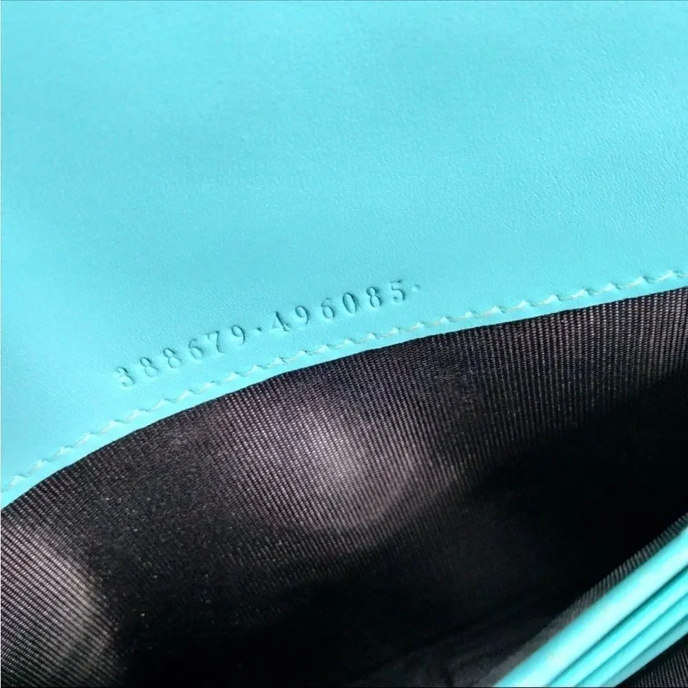 Auth Gucci Turquoise Blue GG Monogram MicroGuccisima Continental Wallet Bow